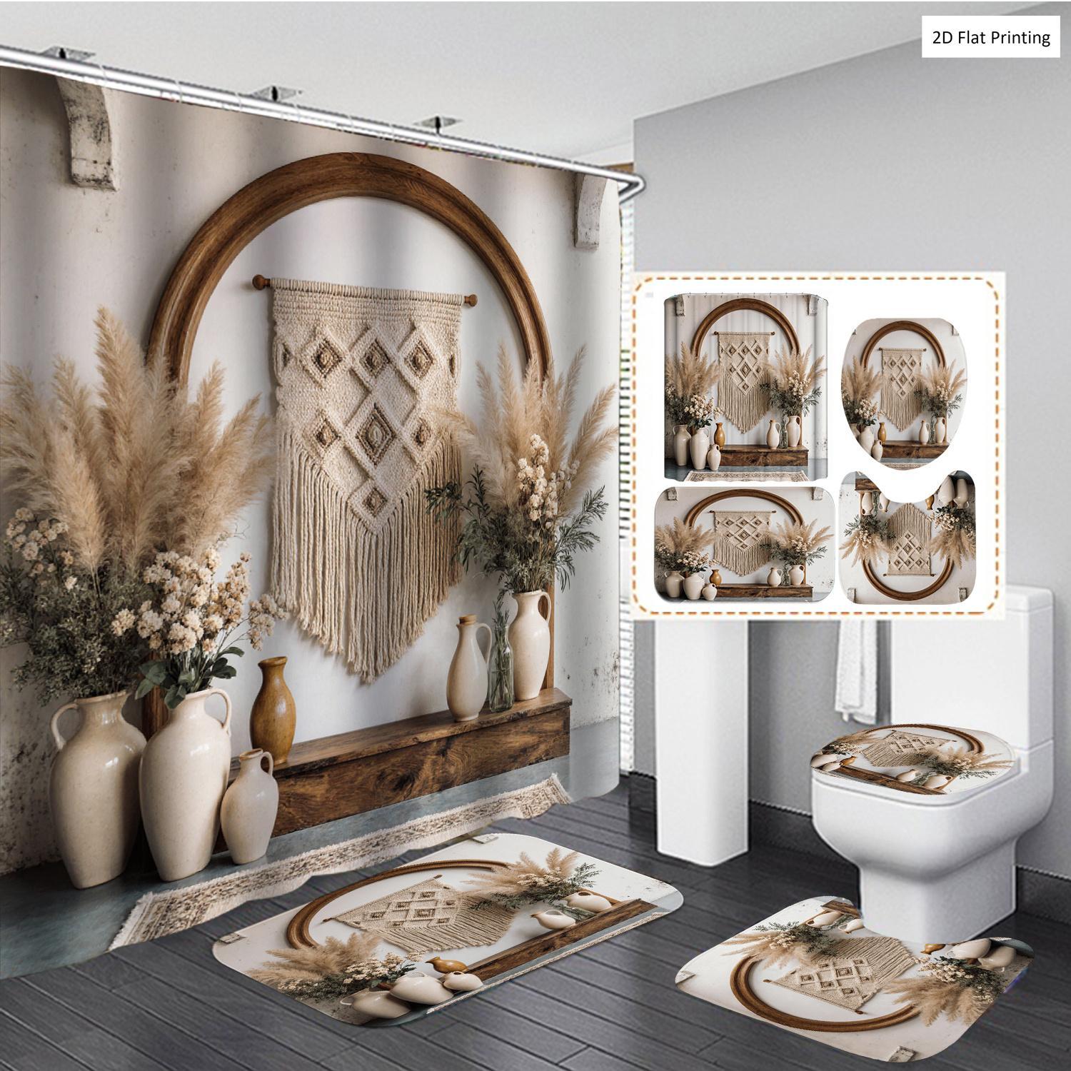 Non Slip Bath Mat - Bohemian Style Vases and Pampas Grass
