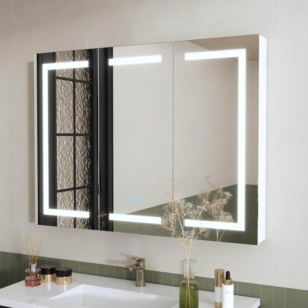 Home Bathroom Shelf - Lighted Medicine Cabinet with Mirror, Anti-Fog,
