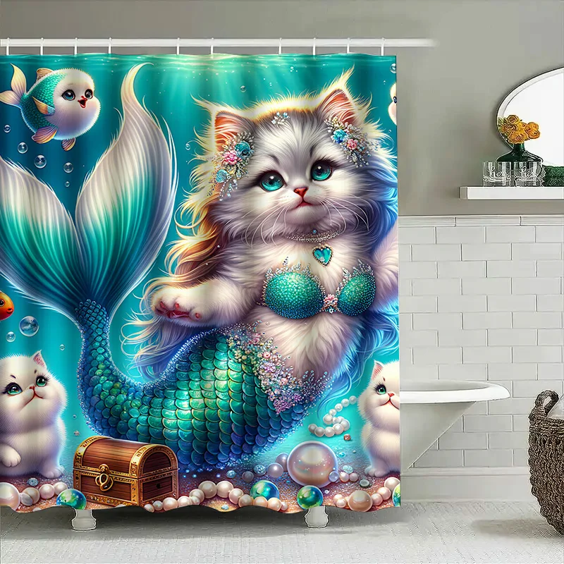 Shower Curtain Mermaid Cat Fis - Home Bathroom Ideas 评论和价格